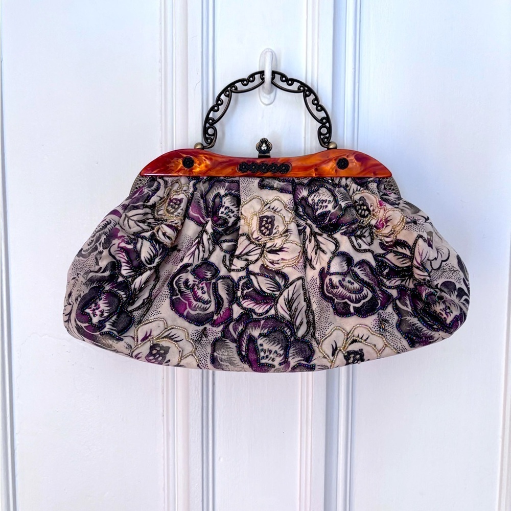 Vintage Malina Purse Beaded, Ornate Metal Handle Lined, Clip Closure